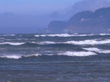 View from ocean beach where Sea Lion Caves and Heceta Head Lighthouse can be seen